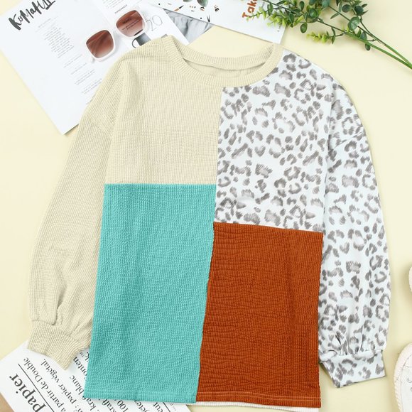 Leopard Patchwork Color Block Ribbed Long Sleeve Top - Picture 5 of 5
